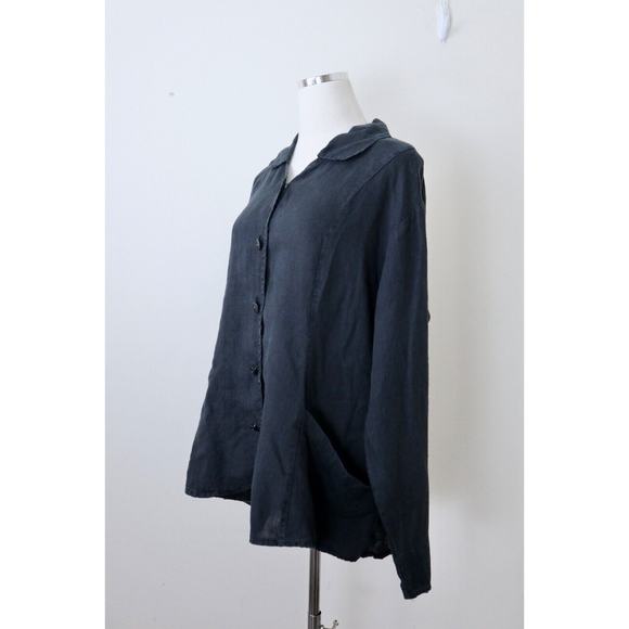 Flax Size L Woven Linen Collared Jacket Button Front High Low Hem Black - Picture 5 of 12